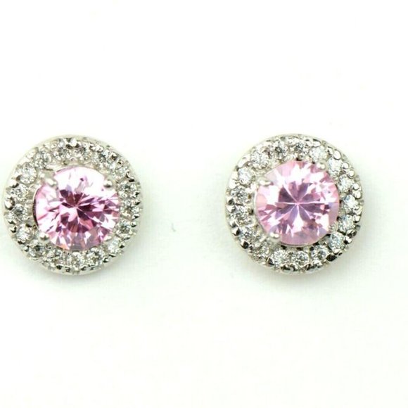 Solid 14k White Gold Round Halo Stud Push Back Earrings With Sparkling Stones - Picture 8 of 10